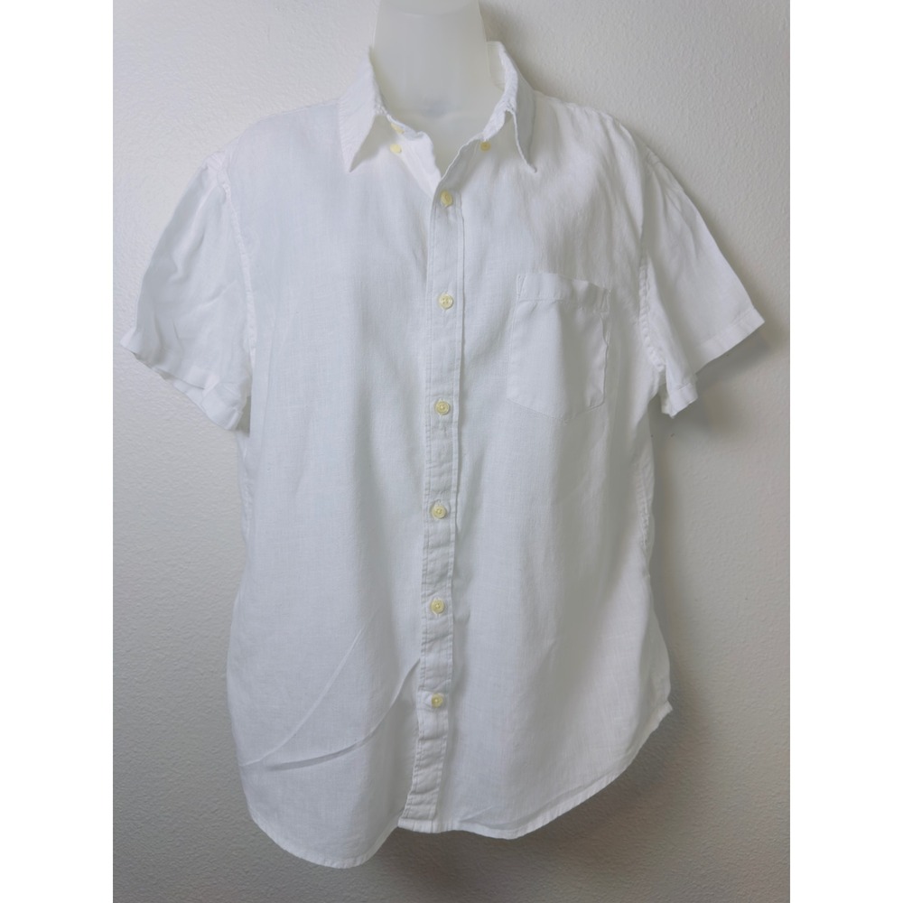 J.Crew White Linen Cotton Short Sleeve Button Down Shirt Large Pocket Classic